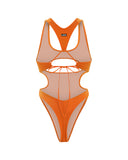 Orange swimsuit with cut-out design on a white background