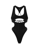 Black swimsuit with white cut-out design on a white background
