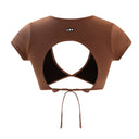 Brown crop top with a unique cutout design on a white background