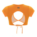 Orange crop top with a unique design on a white background